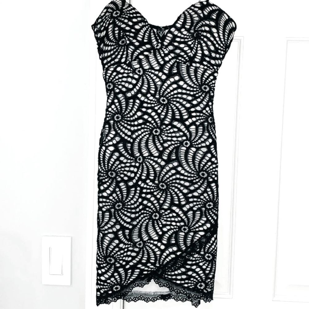 Windsor Black Nude Lace Bodycon Wrap Mini Dress